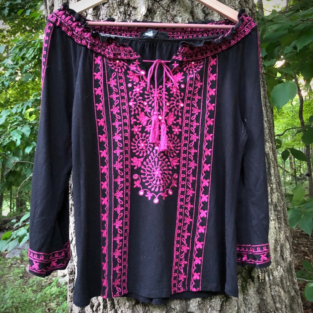INC embroidered, off shoulder boho top